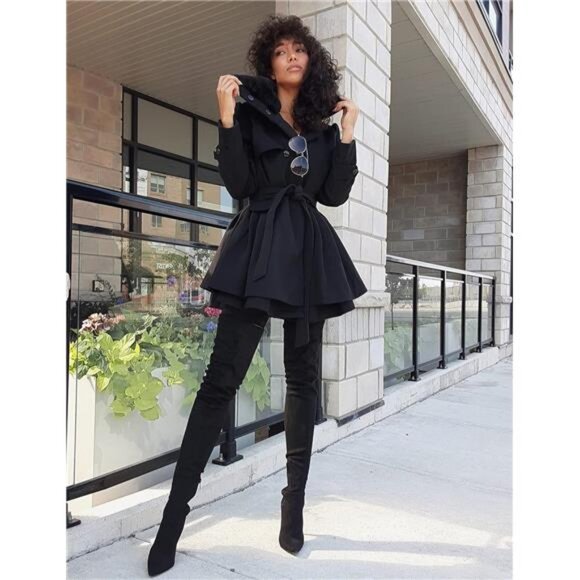 Women's Fashion Faux Fur Lapel Double-Breasted Thick Wool Trench Coat Winter - Picture 4 of 6